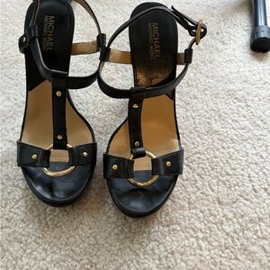 Michael Kors Black Leather T-Strap Heels with Gold Ring Detail